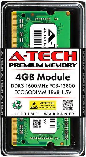 A-Tech 4GB DDR3 1600 MHz ECC SODIMM PC3-12800 / EP3-12800E ECC Unbuffered SO-DIMM 204-Pin 1.5V 1Rx8 Single Rank RAM Memory Upgrade Module for Microservers, Mobile Workstations, and NAS Servers