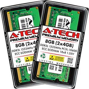 A-Tech 8GB (2x4GB) DDR3 / DDR3L 1333 MHz ECC SODIMM PC3-10600 / EP3L-10600E ECC Unbuffered SO-DIMM 204-Pin 1.35V 1Rx8 Single Rank RAM Memory Kit for Microservers, Mobile Workstations, and NAS Servers