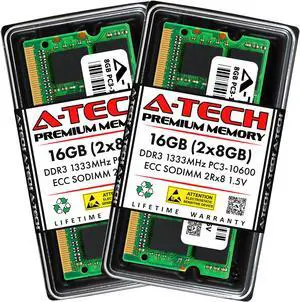 A-Tech 16GB (2x8GB) DDR3 1333 MHz ECC SODIMM PC3-10600 / EP3-10600E ECC Unbuffered SO-DIMM 204-Pin 1.5V 2Rx8 Dual Rank RAM Memory Upgrade Kit for Microservers, Mobile Workstations, and NAS Servers