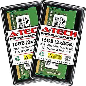 A-Tech 16GB (2x8GB) DDR4 3200 MHz ECC SODIMM PC4-25600 ECC Unbuffered SO-DIMM 260-Pin 1.2V 1Rx8 Single Rank RAM Memory Upgrade Kit for Microservers, Mobile Workstations, and NAS Servers