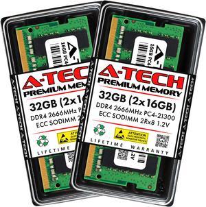 A-Tech 32GB (2x16GB) DDR4 2666 MHz ECC SODIMM PC4-21300 ECC Unbuffered SO-DIMM 260-Pin 1.2V 2Rx8 Dual Rank RAM Memory Upgrade Kit for Microservers, Mobile Workstations, and NAS Servers