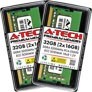 A-Tech 32GB (2x16GB) DDR4 3200 MHz ECC SODIMM PC4-25600 ECC Unbuffered SO-DIMM 260-Pin 1.2V 1Rx8 Single Rank RAM Memory Upgrade Kit for Microservers, Mobile Workstations, and NAS Servers