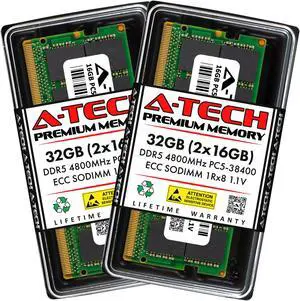 A-Tech 32GB (2x16GB) DDR5 4800 MHz ECC SODIMM PC5-38400 ECC Unbuffered SO-DIMM 262-Pin 1.1V 1Rx8 Single Rank RAM Memory Upgrade Kit for Microservers, Mobile Workstations, and NAS Servers