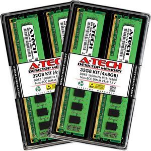 A-Tech 32GB (4x8GB) DDR3 1600MHz DIMM PC3-12800 UDIMM Non-ECC 2Rx8 Dual Rank 1.5V CL11 240-Pin Desktop Computer RAM Memory Upgrade Kit