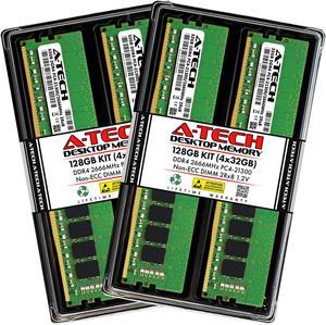 A-Tech 128GB (4x32GB) DDR4 2666MHz DIMM PC4-21300 UDIMM Non-ECC Unbuffered CL19 2Rx8 1.2V 288-Pin Dual Rank Desktop Computer PC RAM Memory Upgrade Kit