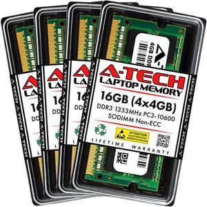A-Tech 16GB (4x4GB) DDR3 1333MHz SODIMM PC3-10600 204-Pin CL9 Non-ECC Unbuffered Notebook Laptop RAM Memory Upgrade Kit