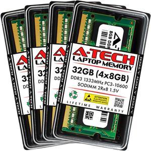 A-Tech 32GB (4x8GB) DDR3 1333MHz SODIMM PC3-10600 2Rx8 1.5V CL9 Non-ECC Unbuffered 204-Pin SO-DIMM Notebook Laptop RAM Memory Upgrade Kit