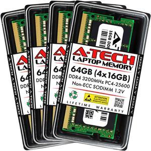 A-Tech 64GB (4x16GB) DDR4 3200MHz SODIMM PC4-25600 Non-ECC CL22 1.2V 260-Pin SO-DIMM Laptop Notebook Computer RAM Memory Upgrade Kit