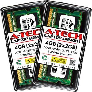 A-Tech 4GB (2x2GB) DDR3 1066MHz SODIMM PC3-8500 CL7 Non-ECC Unbuffered 204-Pin SO-DIMM Notebook Laptop RAM Memory Upgrade Kit