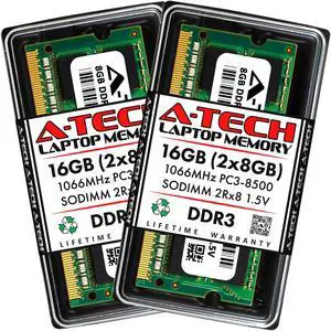 A-Tech 16GB Kit (2x8GB) DDR3 1066MHz SODIMM PC3-8500 CL7 1.5V Non-ECC Unbuffered 2Rx8 Dual Rank 204-Pin SO-DIMM Notebook Laptop RAM Memory Upgrade Modules