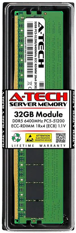 A-Tech 32GB 1Rx4 PC5-51200R DDR5 6400 MHz EC8 RDIMM ECC Registered DIMM 288-Pin Single Rank x4 Server & Workstation RAM Memory Upgrade Module A-Tech 32GB 1Rx4 PC5-51200R DDR5 6400 MHz EC8 RDIMM ECC Registered DIMM 288-Pin Single Rank x4 Server & Workstation RAM Memory Upgrade Module