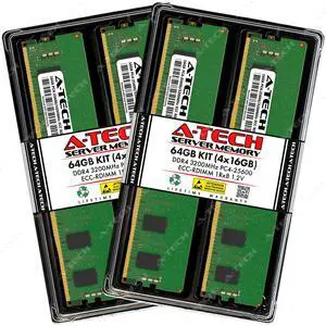 A-Tech 64GB (4x16GB) 1Rx8 PC4-25600R DDR4 3200 MHz ECC RDIMM Registered DIMM 288-Pin Single Rank x8 Server & Workstation RAM Memory Upgrade Kit