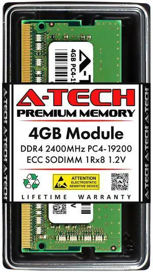 A-Tech 4GB DDR4 2400 MHz ECC SODIMM PC4-19200 ECC Unbuffered SO-DIMM 260-Pin 1.2V 1Rx8 Single Rank RAM Memory Upgrade Module for Microservers, Mobile Workstations, and NAS Servers