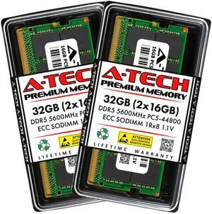 A-Tech 32GB (2x16GB) DDR5 5600 MHz ECC SODIMM PC5-44800 ECC Unbuffered SO-DIMM 262-Pin 1.1V 1Rx8 Single Rank RAM Memory Upgrade Kit for Microservers, Mobile Workstations, and NAS Servers