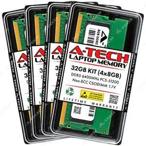 A-Tech 32GB (4x8GB) DDR5 6400MHz CSODIMM PC5-51200 Non-ECC Unbuffered CL52 1.1V 262-Pin SO-DIMM Laptop, Notebook, All-in-One Computer RAM Memory Upgrade Kit A-Tech 32GB (4x8GB) DDR5 6400MHz CSODIMM PC5-51200 Non-ECC Unbuffered CL52 1.1V 262-Pin SO-DIMM Laptop, Notebook, All-in-One Computer RAM Memory Upgrade Kit