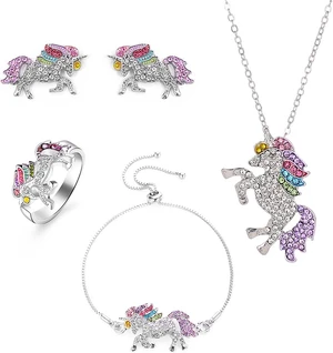 Unicorn Jewelry Set Rainbow Rhinestone Crystal Necklace, Bracelet, Earring,Ring Unicorn Jewelry Set Rainbow Rhinestone Crystal Necklace, Bracelet, Earring,Ring