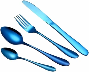 4Pcs Flatware Rainbow Dinnerware Stainless Steel Tableware Set Fork Spoon Knife(Blue) 4Pcs Flatware Rainbow Dinnerware Stainless Steel Tableware Set Fork Spoon Knife(Blue)