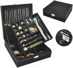 Two-Layer Lint Large Jewelry Box Organizer Display Storage case with Lock Two-Layer Lint Large Jewelry Box Organizer Display Storage case with Lock