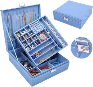 Two-Layer Lint Large Jewelry Box Organizer Display Storage case with Lock Two-Layer Lint Large Jewelry Box Organizer Display Storage case with Lock