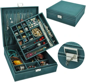 Two-Layer Lint Large Jewelry Box Organizer Display Storage case with Lock Two-Layer Lint Large Jewelry Box Organizer Display Storage case with Lock
