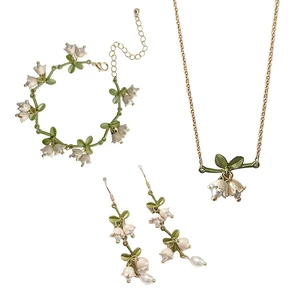 US Lily of the Valley Orchid Earring Bracelet Necklace Floral Dangle Jewelry Set US Lily of the Valley Orchid Earring Bracelet Necklace Floral Dangle Jewelry Set