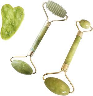 3 Pack Classic Jade Roller Face Body Eye Kit Gua Sha Massager Tool Anti Aging Wrinkle, Classic Jade Roller+ Ridged Roller+Gua Sha Tool