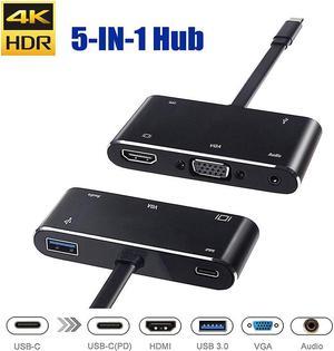 USB C to HDMI VGA Hub Adapter 5-in-1 USB Type C to HDMI 4K VGA with USB 3.0 Audio USB-C Power Delivery Multiport Dongle for MacBook Pro 2018 / 2017 Nintendo Switch Chromebook Pixel