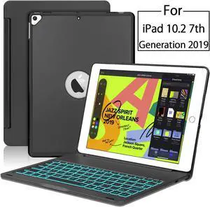 New iPad 10.2 7th Generation 2019 Keyboard Case Protective Ultra Slim Hard Clamshell Folio Stand Smart Cover with 7 Colors Backlit Wireless Bluetooth Keyboard for iPad 10.2 inch