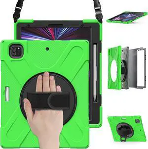 iPad Pro 12.9 Case 2021 5th Generation, Shockproof Rugged Drop Protection Cover with Pencil Holder and Rotating Kickstand Hand Strap / Shoulder Strap For iPad Pro 12.9 inch 2021 Green