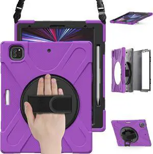 iPad Pro 12.9 Case 2021 5th Generation, Shockproof Rugged Drop Protection Cover with Pencil Holder and Rotating Kickstand Hand Strap / Shoulder Strap For iPad Pro 12.9 inch 2021 Purple