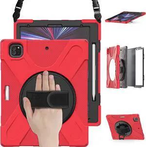 iPad Pro 12.9 Case 2021 5th Generation, Shockproof Rugged Drop Protection Cover with Pencil Holder and Rotating Kickstand Hand Strap / Shoulder Strap For iPad Pro 12.9 inch 2021 Red