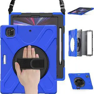 iPad Pro 12.9 Case 2021 5th Generation, Shockproof Rugged Drop Protection Cover with Pencil Holder and Rotating Kickstand Hand Strap / Shoulder Strap For iPad Pro 12.9 inch 2021 Blue