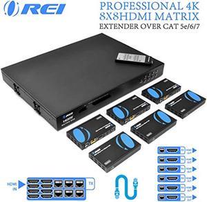 8X8 4K HDMI Matrix Switcher Extender by OREI - HDBaseT UltraHD 4K @ 60Hz 4:4:4 Over Single CAT5e/6/7 Cable with HDR, CEC & IR Control, RS-232 - Up to 230 Ft - Loop Out - 6 Receivers