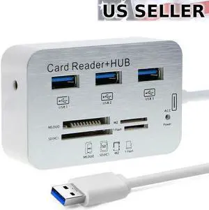 Aluminum 3 Port USB 3.0 Hub MS SD M2 TF Multi-In-1 Memory Card Reader Adapter US