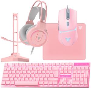 FANTECH P51 Wired Gaming Keyboard & Mouse & Mouse Pad & Headset & Headset Holder 5-Piece Set, RGB Keyboard, 8000DPI RGB Mouse, Light Effect Headset, Cool,  for PC Game Sets Windows macOS, PINK