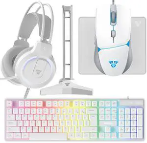 FANTECH P51 Wired Gaming Keyboard & Mouse & Mouse Pad & Headset & Headset Holder 5-Piece Set, RGB Keyboard, 8000DPI RGB Mouse, Light Effect Headset, Cool,  for PC Game Sets Windows macOS, white