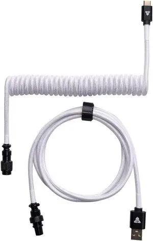 FANTECH AC701 Coiled Cable, USB-C and USB-A 2.0 Plug Type, 4-Pin GX12 Aviator Detachable Connector Type, Double-sleeved braided Cable, White