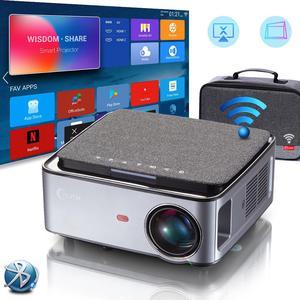 1080P Native WIFI Projector Android 9, Full HD 7500 Lumen 20000:1 Bluetooth Projector for Home & Office, 4K Side Projection 4D Keystone Screen Mirroring & Screen App Control, 100 Screen & Carry Bag