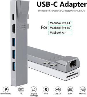 8 IN 1 Aluminium Type C HUB USB C Charging Adapter Thunderbolt Hub 3-ports usb3.0+SD/TF Card Reader+USB C Thunderbolt+HDMI+RJ45 Gigabit LAN for Macbook Pro 13",Macbook Pro 15",Macbook AIR(Dual Jack)