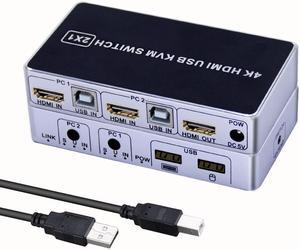 4K HDMI KVM Switch 2 In 1 Out Two Computers 2 Ports Hosts Share Mouse Keyboard Monitor Printer 2 PC Sharing USB Device,USB KVM Switcher Fast Switching,Plug and Play