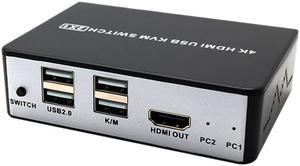 2 Ports HDMI 2.0 KVM Switch HD Audio Video 4Kx2K@60Hz HDMI 2.0 Source Switch 2 In 1 Out  Adaptive EDID USB 2.0 Sharing USB Disk, Printer