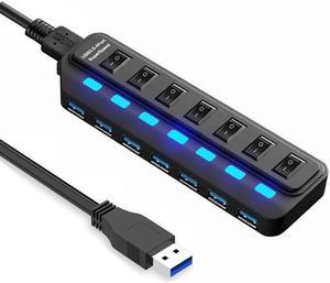 USB 3.0 Hub Splitter 7Port USB Ultra Slim Data Hub USB Expander Computer Accessories with Individual Power Switch LED