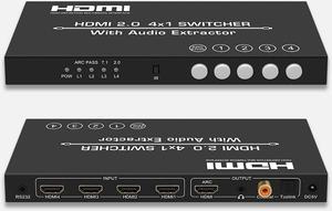 HDMI 2.0 Switch 4K@60HZ HD 4 Port HDMI Switcher 4 In 1 out Audio Separation with 3.5mm Analog Audio Digital Fiber Coaxial Port Remote Control