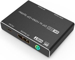 8K Displayport to HDMI + DP Splitter DP to HDMI Converter DP 8K@30Hz 4K@120Hz High speed 32.4Gbps for (DP HD) Dual Port Simultaneous Displays Support SST and MST