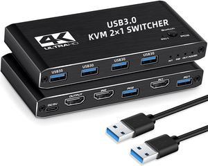 4K@60 USB KVM Switch USB 3.0 Switcher HDMI KVM Switch 2 In 1 Out for 2 PC Sharing Keyboard and Mouse EDID / HDCP Printer