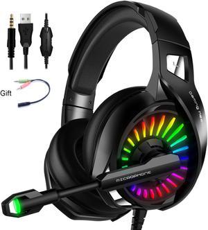 Wired Gaming Headphones USB Wired & 3.5mm Stereo Gamer Headset with Microphone 7.1 Surround Super Base RGB Backlight PC Headphones (with Dual 3.5mm Adapter Cable)