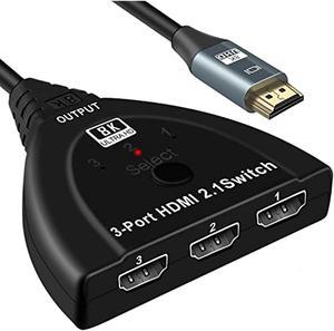 8K@60Hz HDMI Switch 3 in 1 out, 3 Ports HDMI 2.1 Switcher 3x1 HDMI Switcher Selector Support 4K@120Hz, 1080P, 3D for Xbox, PS5/4, Blu-Ray Player, Fire Stick, Roku, HDTV