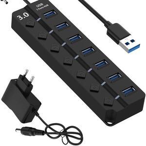 USB 3.0 High Speed Hub 7 Port USB 3.0 Hub Splitter On/Off Switch with US/EU Power Adapter for MacBook Laptop PC Accessories