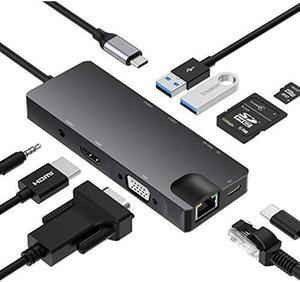 USB C Hub,, 9-in-1 Type-C Docking Station Hub Type C to 2 x USB 3.0, 4K HD HDMI VGA RJ45 Gigabit Network SD Card Slot With 3.5mm Audio Jack Adapter Compatible Apple MacBook Pro 13/15 (Thunderbolt 3)