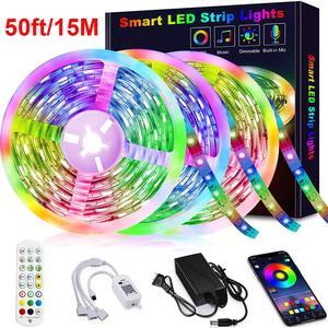 50ft/15M LED Flexible Strip Lights, LED Lights Strip RGB LED Strip Music Sync Color Changing LED Strip Lights APP Bluetooth Controll + Remote, LED Lights for Bedroom,Party and Home Decoration